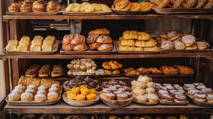 Assorted pastry and baked goods displayed on shelves in a traditional bakery