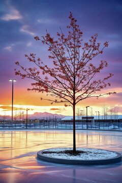 Un &aacute;rbol solitario con ramas desnudas en una pista de hielo al aire libre, iluminado por el cielo de atardecer. La escena es melanc&oacute;lica y tranquila.
