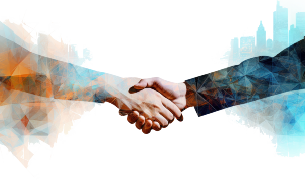 Double exposure of business people handshake on transparent background 