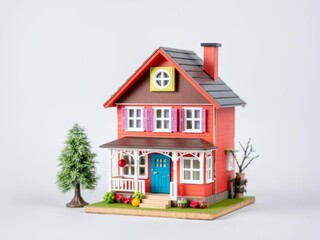 A small artificial tree standing next to a colorful pasteboard house box in a whimsical and playful setting, whimsical, mockup