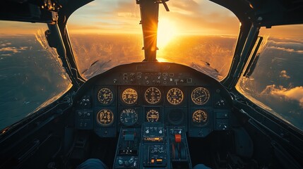 Fighter pilot cockpit view, sun light 