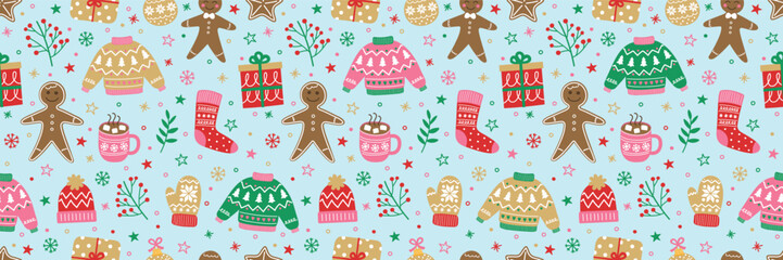 Colourful Christmas seamless texture. Cute hand drawn decorations. Banner. Vector illustration