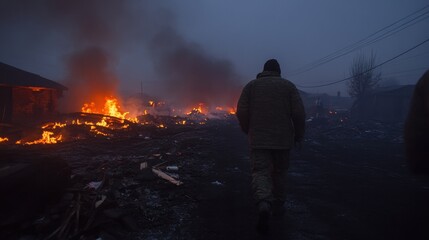 Devastating Wildfire Sweeping Through a Rural Community at Night