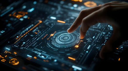 Fototapeta premium Futuristic Interface with Finger Touching a Button - Digital Illustration
