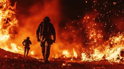 Obraz premium Firefighters Battling Raging Wildfire in Scorching Flames