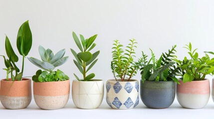 Fototapeta premium A row of vibrant potted plants in stylish ceramic pots, perfect for indoor greenery and modern home decor.