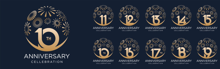 set of 10 to 19th anniversary logotype design, with golden fireworks for celebration event, wedding, and birthday, vector illustration