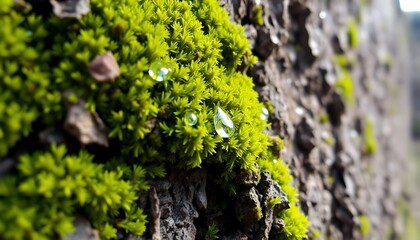 Moss and Dew Drops on Tree Bark,