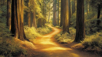 Naklejka premium Scenic Winding Trail Through Towering Redwood Forest