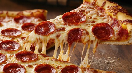 Pulling a slice of pepperoni pizza with melted cheese