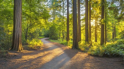 Obraz premium Winding Trail Through Towering Redwood Forest