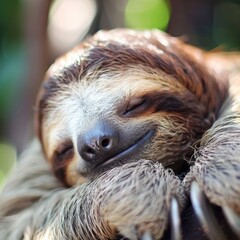 Fototapeta premium A baby sloth is sleeping on a person's arm. The sloth is brown and white