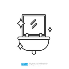 A simple line drawing of a sink with a mirror above it, featuring sparkling effects to indicate cleanliness and shine.