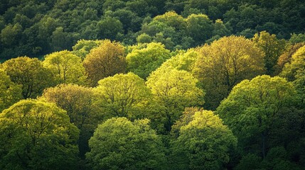 Fototapeta premium Gentle light filtering through woodland with vibrant green and autumn hues Aerial view of a lush forest featuring bright deciduous trees in a summer landscape