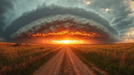 A Dusty Road Leading Through A Field Towards A Dramatic Sunset Under A Stormy Sky