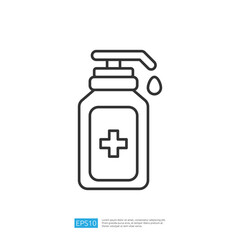 A simple line drawing of a pump bottle with a cross symbol, typically representing a disinfectant or hand sanitizer, indicating health and hygiene.