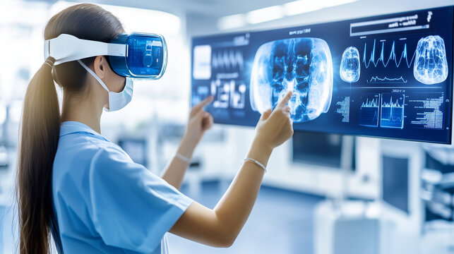 Female doctor and medical engineer wearing cutting-edge VR goggles exploring transformative medical technology, aimed at advancing digital solutions for patient care