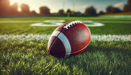 Close-Up of an American Football Resting on a Green Field Before the Game