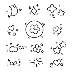 Moon, Star, Heart, Cloud, cartoon outline doodle hand drawn cartoon