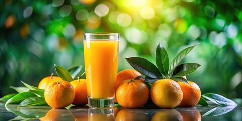 Refreshing Orange Juice with Fresh Oranges and Green Background - Perfect for Beverage and Healthy Lifestyle Imagery