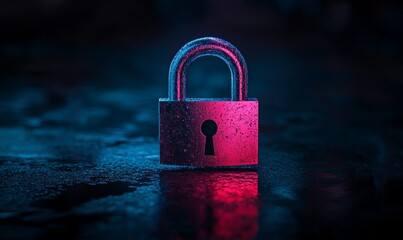 Fototapeta premium Abstract image of a padlock with pink and blue lighting, symbolizing security, protection, and privacy on a dark background