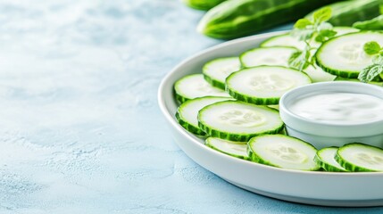 Freshly sliced cucumbers with creamy dip a healthy snack delight