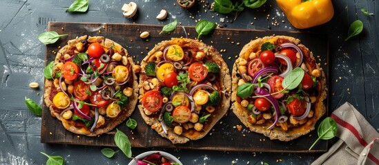Fototapeta premium Vegan Whole Grain Pizza Crust And Toppings Flat Lay