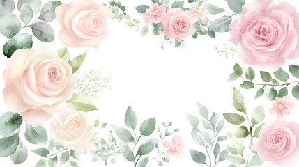 Watercolor Clipart Set of Pink and Green Floral Elements Featuring Roses, Eucalyptus Leaves, and Wildflowers on White Background, in Soft Pastel Colors and Simple Elegant Style, High Resolution