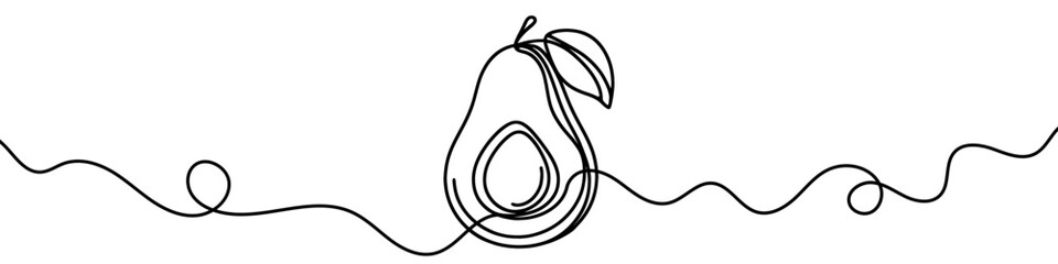 One continuous line illustration of an avocado, isolated on white background. Line art of an avocado.