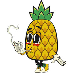 Cute and happy fun pineapple isolated vector cartoon mascot character smoke calmly, work of hand drawn