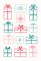 Set with cute hand drawn gift boxes. Christmas decorations. Vector illustration