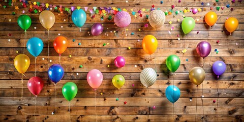Obraz premium A festive celebration backdrop of colorful balloons tied to strings against a rustic wooden wall, adorned with scattered confetti and paper streamers