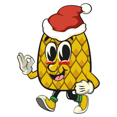 Cute and happy fun pineapple isolated vector cartoon mascot character walking while wearing a Santa hat calmly, work of hand drawn