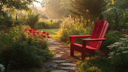 Vibrant red adirondack chair surrounded by a flourishing garden at dawn embodying a sense of tranquil solitude