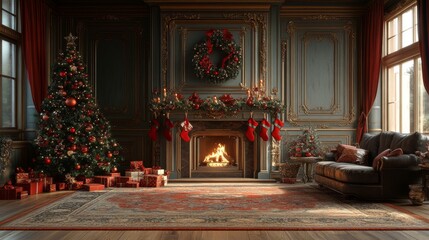 A Traditional Christmas Living Room with a Fireplace, Decorated Tree, and Gifts