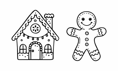 Gingerbread house and gingerbread men, black and white illustration
