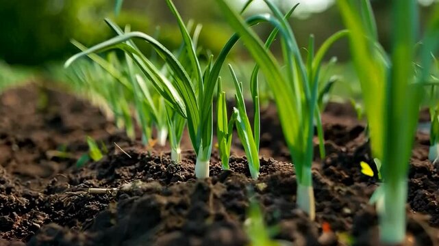 Growing green onions in vibrant garden patch showcasing healthy sustainable agriculture, 4k video