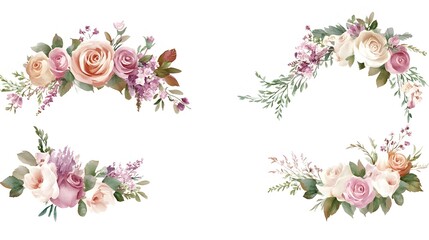 Fototapeta premium Hyper-Realistic Watercolor Floral Bouquet Border Decoration with White Roses, Green Leaves, and Beige Hues in High Resolution, Perfect for Wedding and Event Decorations with Detailed