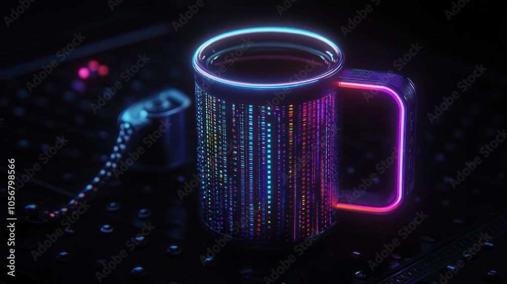 Poster a futuristic neon mug blending technology and beverage culture in a vibrant display