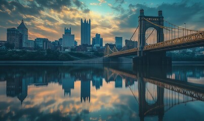 Obraz premium A city skyline with a bridge in the foreground