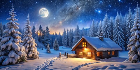 A Cozy Cabin Bathed in Moonlight, Surrounded by Snowy Evergreens Under a Starry Night Sky