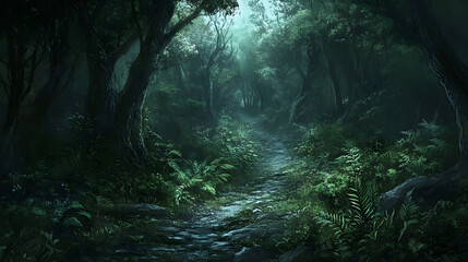 A dark forest path overgrown with toxic ferns and creepy crawlies.