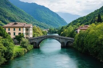 Fototapeta premium Charming Bridge Over Serene River at Picturesque Waterfront