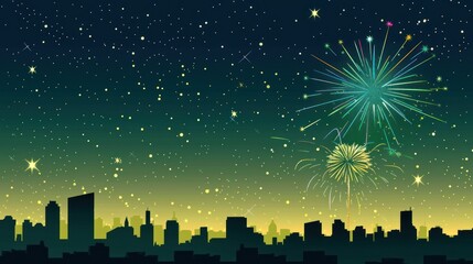 Night Sky Fireworks Over Cityscape