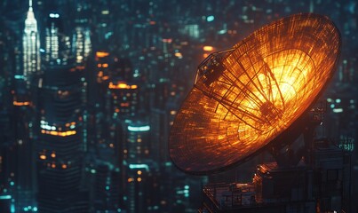 A close-up of a glowing satellite dish capturing signals against a night cityscape, showcasing technology and innovation