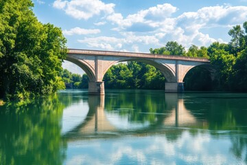 Fototapeta premium Charming Bridge Over Serene River at Picturesque Waterfront