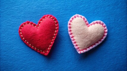 A red heart with golden stitching and a pink heart with pink stitching against a blue background.
