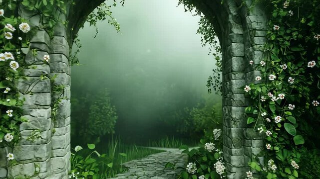 Enchanting garden archway with lush greenery and stone path in dreamy misty forest background, 4k video