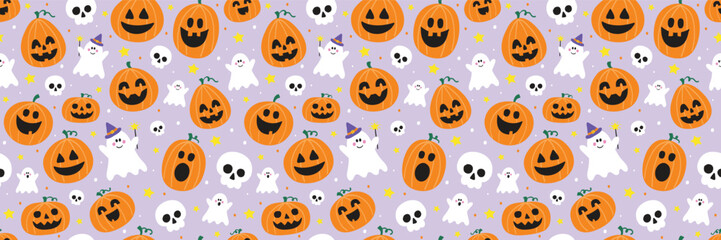 Seamless pattern with hand drawn pumpkin lanterns, ghosts and skulls. Halloween background. Banner. Vector illustration
