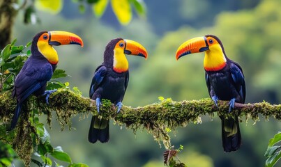 Obraz premium Three vibrant toucans perched on a mossy branch in a lush green forest during the day